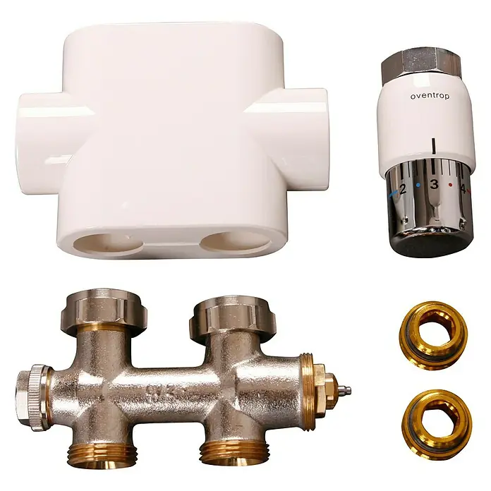 Szagato Mittelanschlussblock - ½″, Durchgang, Weiß/Chrom - Heizkörperanschlussgarnitur mit Thermostat, Verteiler und Ventilen. Komplettes Set für den Anschluss von Heizkörpern mit präziser Temperaturregelung.