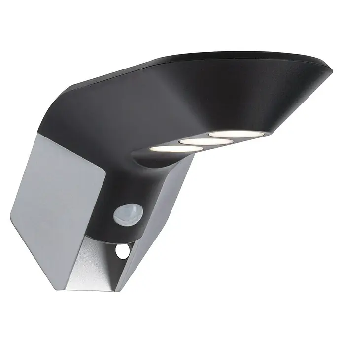 Paulmann Soley Solar-Außenwandleuchte - 1,2 W, L x B x H: 24 x 10,4 x 10 cm, Anthrazit, IP44 - Nahaufnahme einer modernen, schwarzen und silbernen LED-Wandleuchte mit Bewegungsmelder für den Außenbereich.