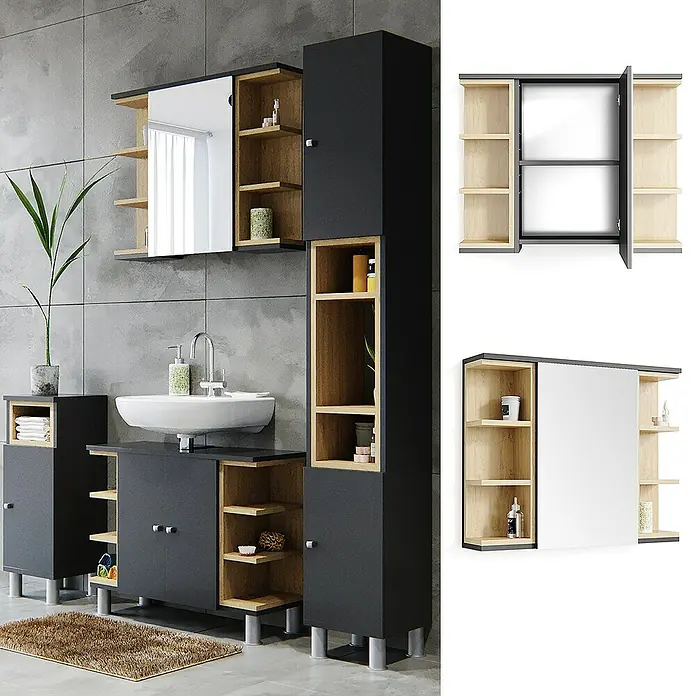 Vicco Spiegelschrank Aquis Anthrazit - B x H: 79,6 x 64 cm, Stahl, Anthrazit