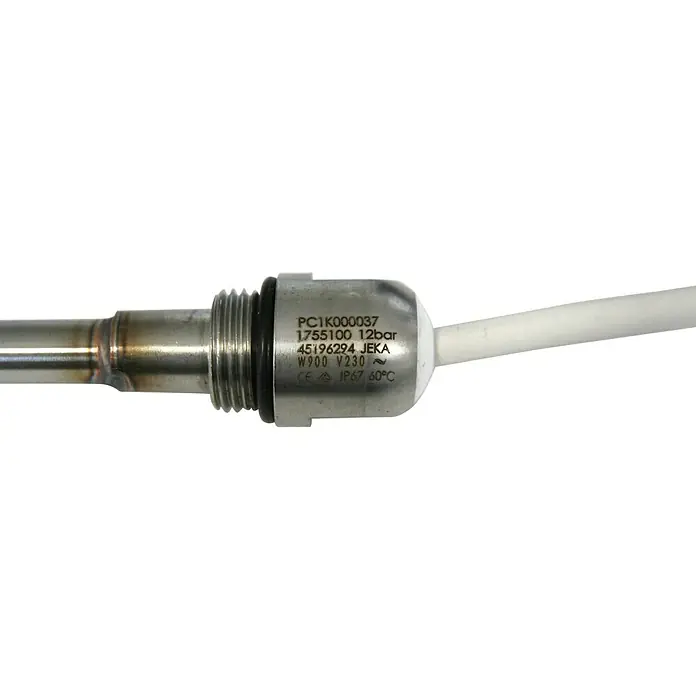 Szagato Heizstab - 900 W, Edelstahl - Nahaufnahme eines industriellen Temperatursensors mit Gewinde und weißem Kabel auf schwarzem Hintergrund.