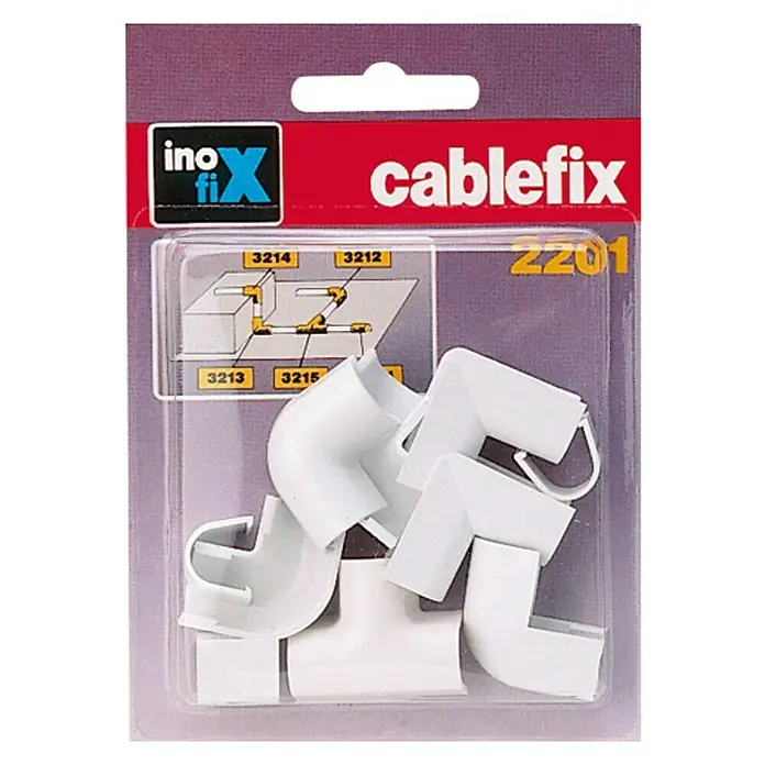 Inofix Cablefix Kit de accesorios para canaleta 2201 - Blanco, An x Al: 0,8 x 0,7 cm, 10 ud. - Imagen de un paquete de Cablefix que contiene varios clips de cable blancos y cantoneras.