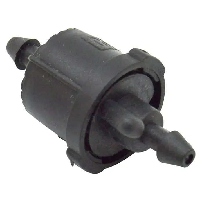 Gotero lineal microtubo - Caudal de agua máx.: 4 l/h, 5 ud. - Esta imagen muestra una válvula de retención negra, utilizada en diversas aplicaciones industriales. La válvula es de plástico y tiene extremos de púas.