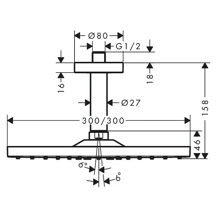Hansgrohe Kopfbrausen-Set Raindance E 300 - 30 x 30 cm, 17 l/min, Deckenmontage, Chrom - Schemazeichnung eines Kopfbrausesets mit Maßangaben und Anschlussdetails für Installationszwecke.