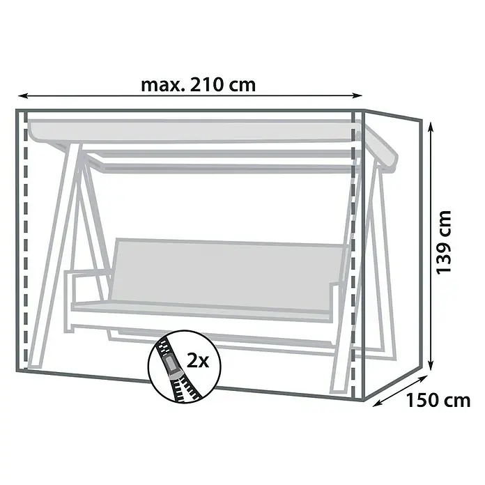 Sunfun Hollywoodschaukel-Schutzhülle - L x B x H: 210 x 150 x 139 cm, Polyester, 160 g/m², Schwarz - Bild einer Schutzhülle für eine Gartenschaukel mit den Maßen max. 210 cm Breite, 139 cm Höhe und 150 cm Tiefe.