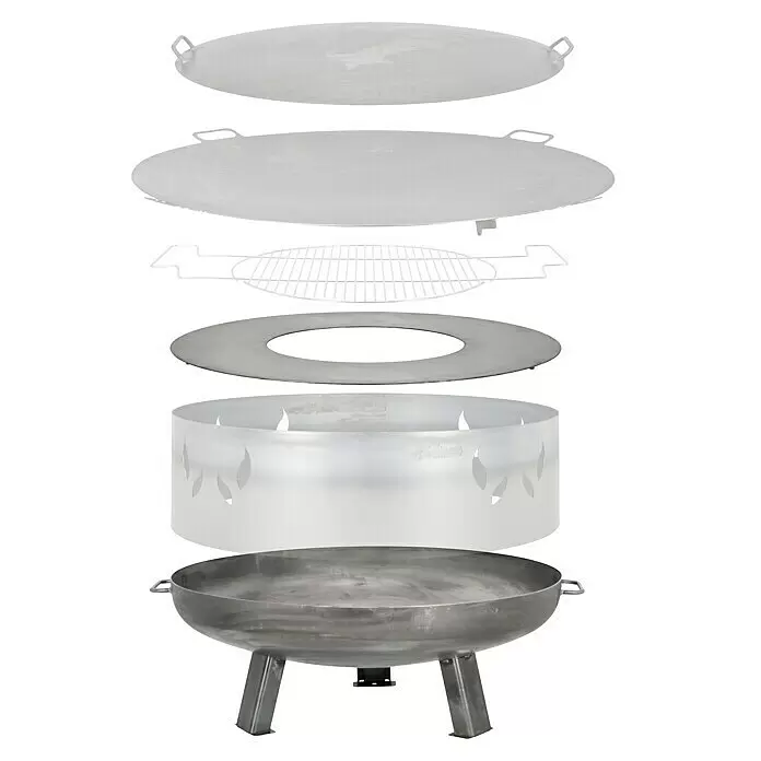 Buschbeck Plancha para barbacoa - Acero, Específico para: Brasero de 80 cm de diámetro - Vista despiezada de una fogata modular de metal con base, pared lateral transparente, anillo de cocción, rejilla y tapa.