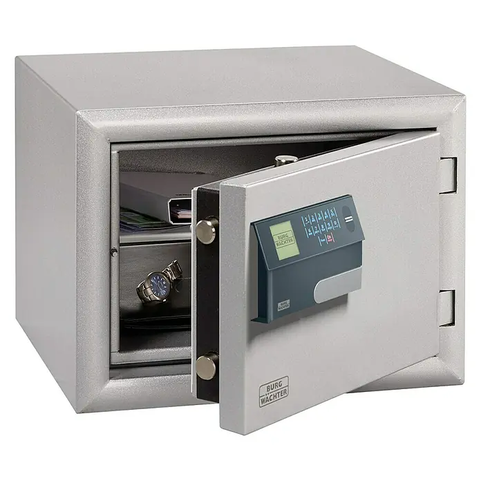 Burg-Wächter Diplomat Sicherheitsschrank MTD 740 EF P - L x B x H: 462 x 500 x 380 mm, Silber, Art Schloss: Elektronisches Zahlenschloss, VdS geprüft, ECB-S zertifiziert EN 1300, Klasse 2/B - Geöffneter Burg-Wächter Tresor mit digitalem Zahlenschloss und Wertgegenständen im Inneren.