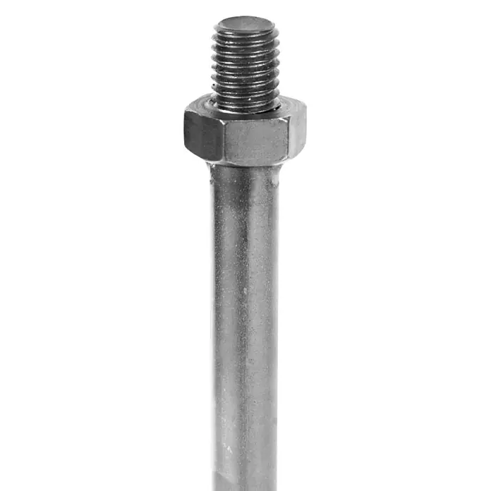 Berg Mörtelrührer MR 140 G - Mischvolumen: 45 l - 75 l, M 14, Verzinkt, Mit Schutzring - Nahaufnahme einer Schraube mit Gewinde und Mutter auf einem schwarzen Hintergrund.