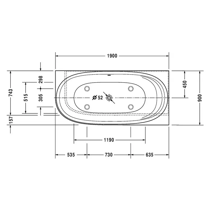 Duravit Cape Cod Badewanne - 190 x 90 cm, Mineralguss, Weiß, Rechts - Technische Zeichnung einer Badewanne mit Maßangaben, die die Abmessungen und Details der Wanne hervorheben.