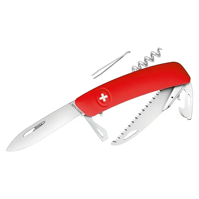 Swiza Taschenmesser D05 - Klingenlänge: 75 mm, Rot - Rotes Schweizer Taschenmesser mit mehreren Werkzeugen wie Klinge, Säge und Korkenzieher. Vielseitiges Werkzeug für Outdoor-Aktivitäten.