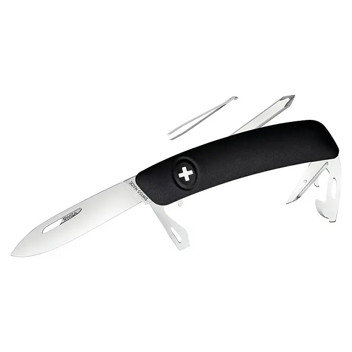 Swiza Taschenmesser D04 - Klingenlänge: 75 mm, Schwarz - Das Bild zeigt ein Swiza Schweizer Taschenmesser mit schwarzem Griff, Klinge, Pinzette und verschiedenen Werkzeugen vor einem weißen Hintergrund.