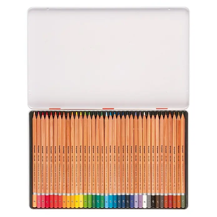 Talens Bruynzeel Set de lápices de dibujo Expression Aquarel - 36 ud., Multicolor - Caja metálica abierta con un juego de lápices acuarelables Bruynzeel Holland Expression que muestran una amplia gama de colores.