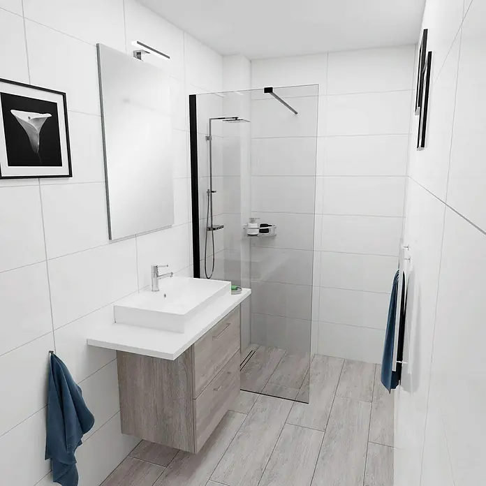 Camargue Espacio Badmöbel-Set i107 - 100 cm, Faro - Modernes Badezimmer mit Waschbeckenunterschrank, Duschkabine und Handtuchhalter, präsentiert ein minimalistisches und stilvolles Design.