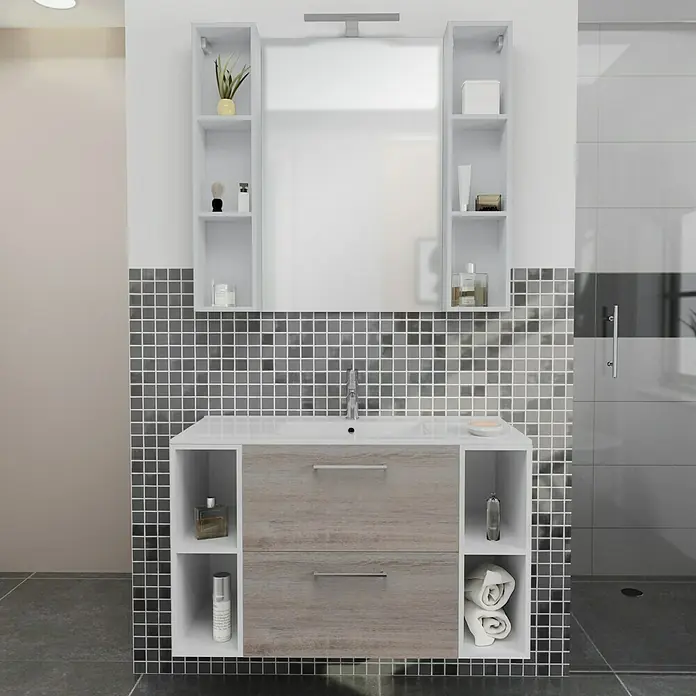 Camargue Espacio Badmöbel-Set i77 - 100 cm, Faro - Elegantes Badezimmer-Waschbecken mit Holzschubladen, weißen Ablageflächen und passendem Spiegelschrank mit seitlichen Regalen.
