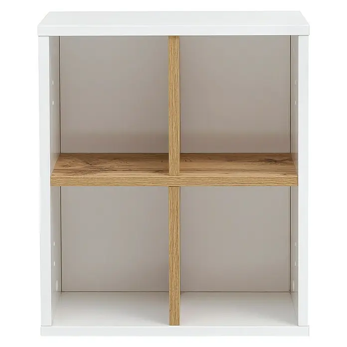 Schildmeyer Padua Wandregal - 41 x 21 x 48 cm, Weiß/Eiche - Weißes Regal mit vier Fächern, unterteilt durch ein hölzernes Kreuz, das Funktionalität und modernes Design vereint.