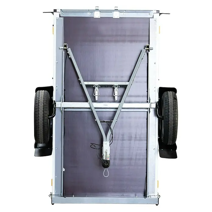 Stema Anhänger BASIC 750 Kippdeichsel - Nutzlast: 615 kg, Einachser, 201 x 108 x 33 cm, Ungebremst - Draufsicht auf einen Anhänger mit robustem Aufbau und Reifen, ideal für den Transport von Gütern.