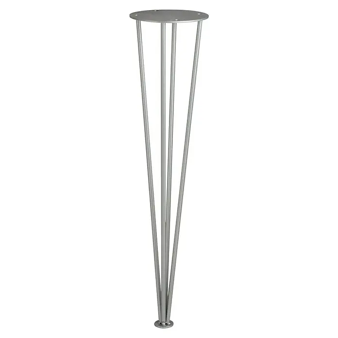 Möbelfuß Hairpin mit Fuß - Ø x H: 10 x 40 cm, Stahl, Silber - Vier silberne Haarnadel-Tischbeine mit einer runden Metallplatte an der Oberseite und einer kleinen Basis am Boden. Elegantes Design für moderne Möbel.