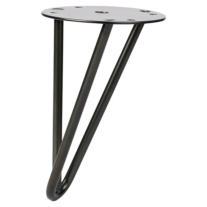 Rei Pata para muebles Tri - Ø x Al: 10 x 16 cm, Acero, Negro - Primer plano de una pata de mesa negra de tres varillas con forma de horquilla y placa de montaje redonda.