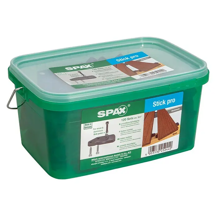 Spax Abstandhalter Stick pro - 120 Stk. - Spax Stick Pro: Eine grüne Kunststoffbox mit transparentem Deckel, gefüllt mit unsichtbaren Befestigungen für Holz und Aluminium, ideal für 3 m² Fläche.