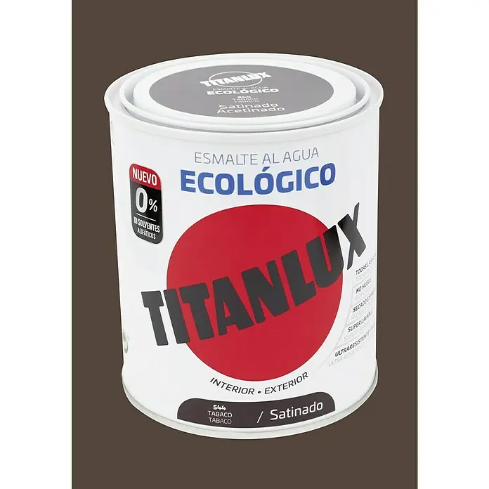 Titanlux Esmalte de color Eco - Tabaco, Satinado, 250 ml, Base de agua - Primer plano de una lata de pintura al agua TITANLUX en tabaco satinado, ideal para interiores y exteriores.