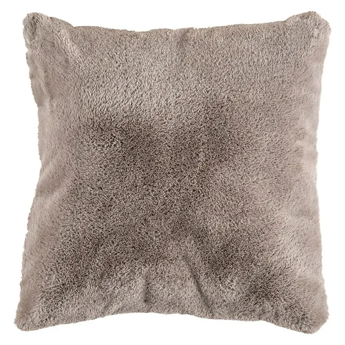 Kissen Happy - Taupe, 48 x 48 cm, 100 % Polyester - Nahaufnahme eines quadratischen, flauschigen Kissens in einer neutralen Farbe, ideal für Sofas und Betten.