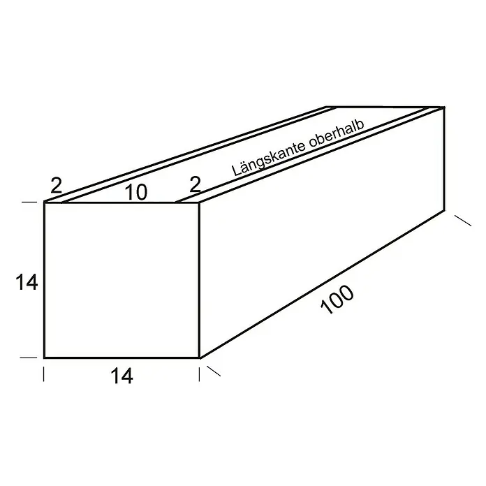 WMT Pflanzkasten RAL 6005 - L x B x H: 100 x 14 x 14 cm, Dunkelgrün, Geeignet für: Stabgitterzäune, Stahl - Schematische Darstellung eines Quaders mit den Maßen 14 x 14 x 100, ideal zur Veranschaulichung räumlicher Konzepte.
