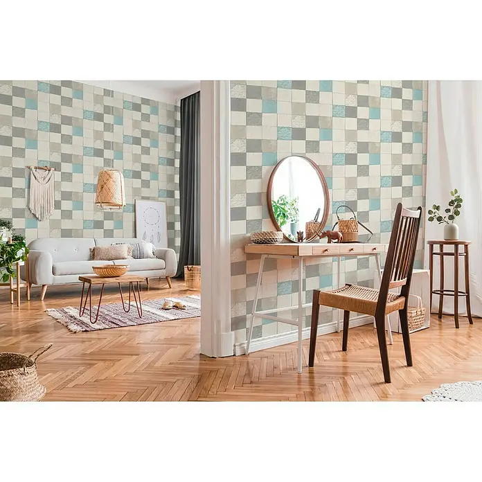 A.S. Création New Walls Vliestapete Fliese - Türkis, Fliesenoptik, 10,05 x 0,53 m - Einladender Wohnraum mit einem stilvollen quadratischen Fliesenmuster an den Wänden, das dem Raum Charakter verleiht.