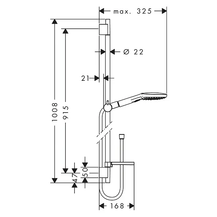 Hansgrohe Brausegarnitur Raindance Select E 120 - Lochabstand: 91,5 cm, Art Strahl: Rain, RainAir, Whirl, Chrom - Maßzeichnung der Hansgrohe Raindance Rainmaker Duschstange, die die Abmessungen und Details des Produkts hervorhebt.