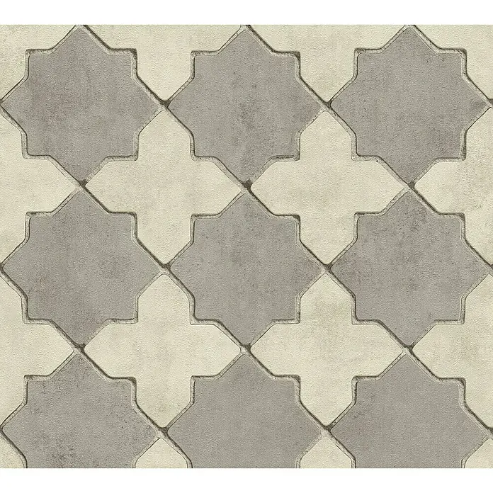 A.S. Création New Walls Vliestapete Stern Fliese - Grau/Beige, Fliesenoptik, 10,05 x 0,53 m - Das Bild zeigt ein nahtloses Muster aus ineinandergreifenden Pflastersteinen in Grau- und Beigetönen, die eine dekorative Oberfläche bilden.
