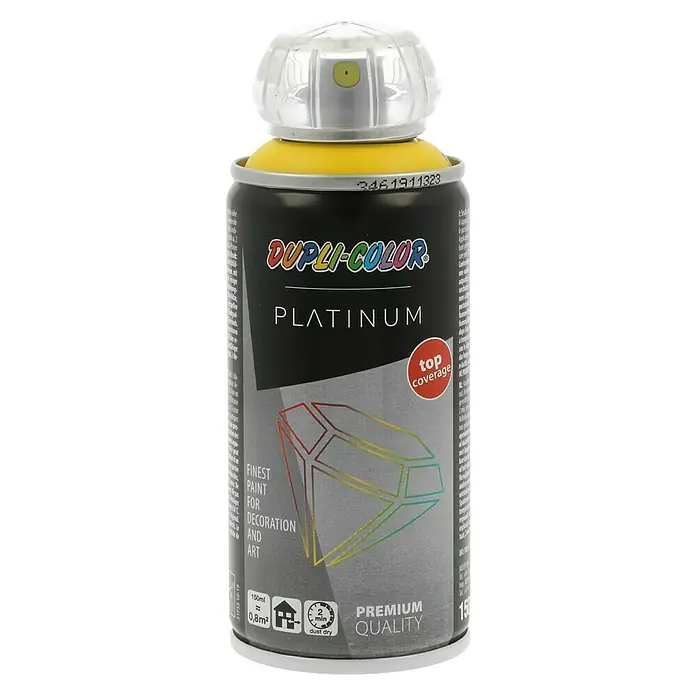 Dupli-Color Platinum Sprühlack RAL 1023 - Verkehrsgelb, Seidenmatt, 150 ml - Abbildung einer Dose Dupli-Color Platinum Sprühfarbe in Gelb, ideal zum Dekorieren und für Kunstprojekte, mit Top-Deckkraft.