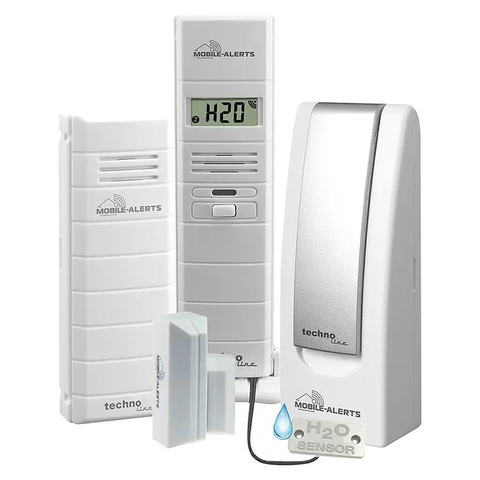 Mobile-Alerts Starter-Set MA 10028 SET - Gateway, Temperatursensor, Thermo-Hygro Sensor, Kontaktsensor - Das Bild zeigt ein Mobile-Alerts-System, bestehend aus verschiedenen Sensoren zur Überwachung des Hauses. Smarte Haustechnik für mehr Sicherheit.