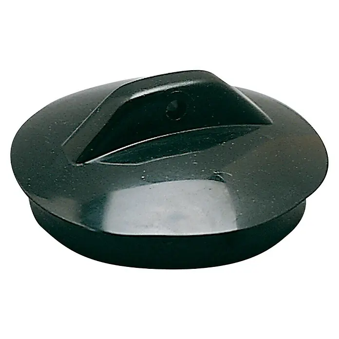 Tapón de válvula flexible - 44 mm - Un tapón de desagüe redondo oscuro con un asa en el medio. Es liso y tiene una superficie brillante.