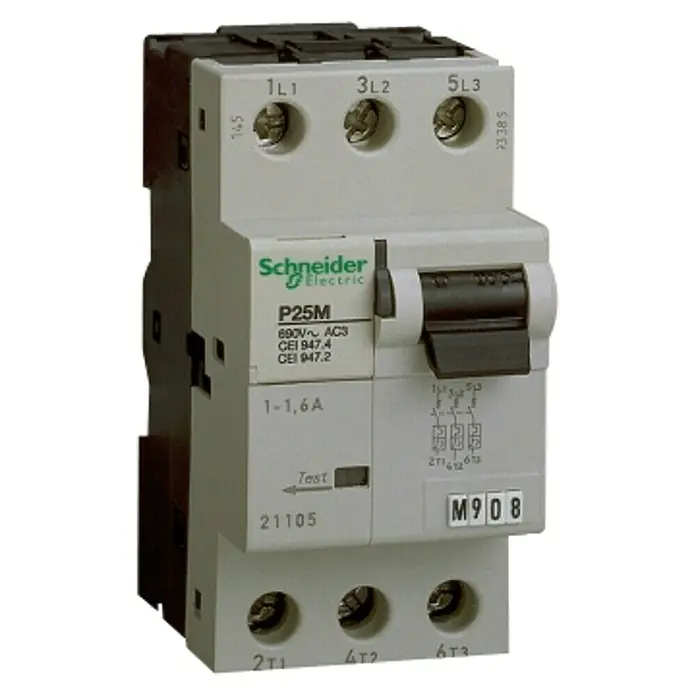 Schneider Electric Interruptor diferencial automático P25M - 2,5 A, Número de polos: 3 ud., 6 kA - Aquí hay un interruptor diferencial (RCCB) Schneider Electric P25M que muestra las conexiones 1L1, 3L2, 5L3 en la parte superior y 2T1, 4T2, 6T3 en la inferior.