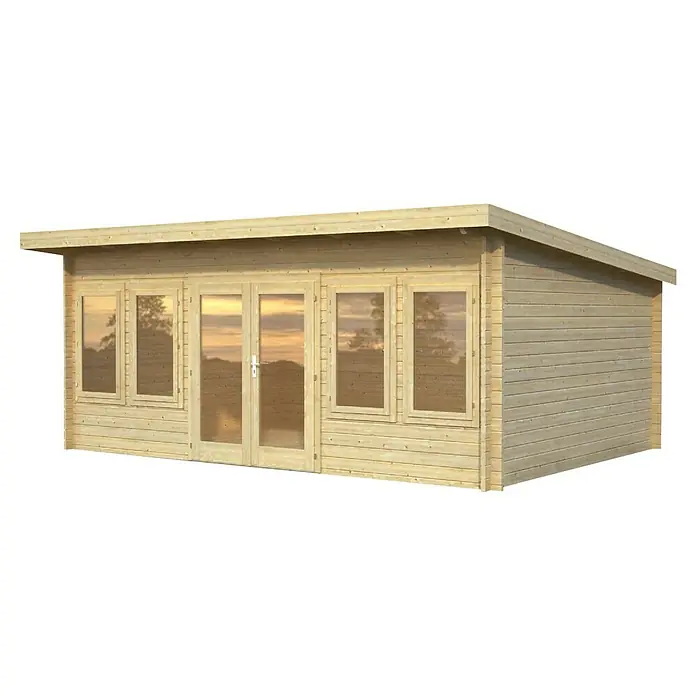 Palmako Gartenhaus Lisa - Außenmaß inkl. Dachüberstand (B x T): 578 x 447 cm, Holz, Natur - Abgebildet ist ein modernes Gartenhaus mit Flachdach, großen Fenstern und Doppeltür, ideal als Büro oder Rückzugsort im Garten.