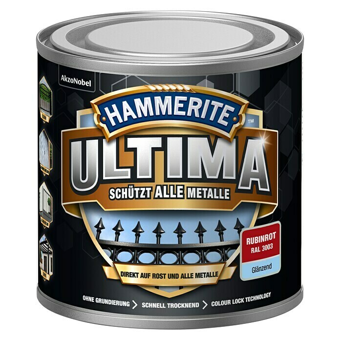 Hammerite Metall-Schutzlack ULTIMA (RAL 3003, Rubinrot, 250 ml, Glänzend)