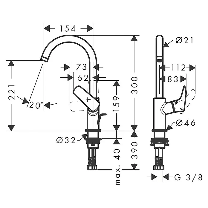 Hansgrohe Logis Waschtischarmatur 210 - Chrom, Glänzend - Technische Zeichnung einer Armatur mit allen Maßen. Die detaillierte Darstellung bietet alle notwendigen Informationen für die Installation.