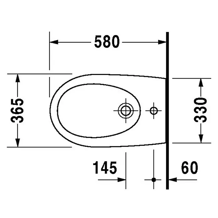 Duravit Architec Wand-Bidet - 33 x 58 cm, Weiß, Keramik, Ohne Spezialglasur - Draufsicht eines Bidet mit Maßangaben für Sanitärinstallationen, inklusive der Maße 580, 365, 330, 145 und 60.