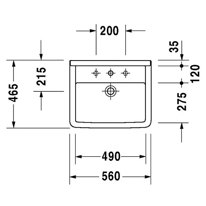 Duravit Starck 3 Einbauwaschbecken - 56 x 46,5 cm, Mit schmutzabweisender Glasur, Hahnloch: Mitte, Mit Überlauf, Weiß - Technische Zeichnung eines Waschbeckens mit Maßen. Eine detaillierte Darstellung des Waschbeckens mit allen relevanten Abmessungen.