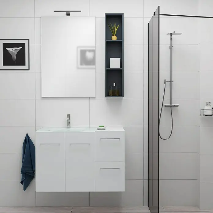 Camargue Espacio Badmöbel-Set H21 - 90 cm, Mira - Badezimmer-Interieur mit einem weißen Waschtisch mit integriertem Waschbecken, einem Spiegel und einer dunklen Regaleinheit für Badezimmerutensilien.