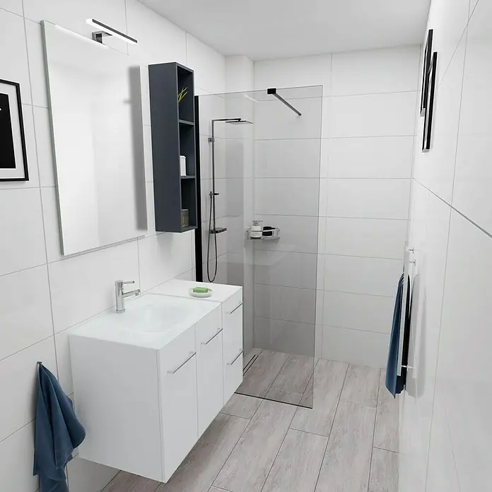 Camargue Espacio Badmöbel-Set H21 - 90 cm, Mira - Modernes Badezimmer-Interieur mit weißem Waschtisch, Spiegel und Duschkabine. Elegantes Design für ein stilvolles Badezimmerambiente mit klaren Linien.