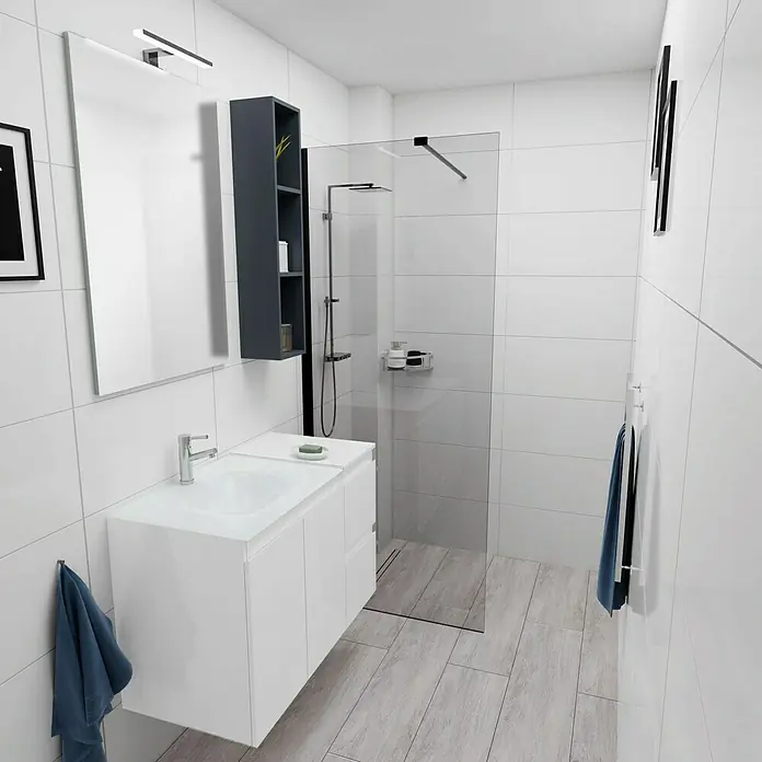 Camargue Espacio Badmöbel-Set H23 - 90 cm, Gama weiß glänzend - Helles Badezimmer mit weißem Waschtisch mit Unterschrank, beleuchtetem Spiegel und begehbarer Dusche mit Glasabtrennung für ein modernes Ambiente.