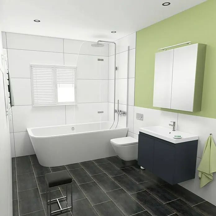 Camargue Espacio Badmöbel-Set G24 - 80 cm, Gama anthrazit matt - Helles Badezimmer mit Badewanne, Waschbeckenunterschrank in Dunkelblau, Toilette und grün gestrichener Wand, die eine entspannende Atmosphäre schafft.