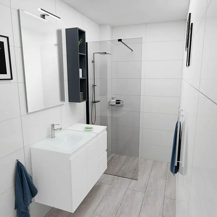 Camargue Espacio Badmöbel-Set H22 - 90 cm, Gama weiß matt - Badezimmer mit Waschbeckenunterschrank, Spiegel, Handtüchern, Dusche und Fliesen für ein modernes und stilvolles Ambiente.