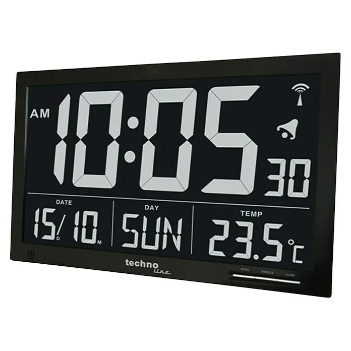 Digitale Funkwanduhr Jumbo-LCD - Schwarz, L x B x H: 36,8 x 2,9 x 22,8 cm - Ein schwarzer, digitaler Wecker zeigt die Uhrzeit 10:05 AM, Sonntag, den 15.10. und eine Temperatur von 23.5 Grad Celsius an.