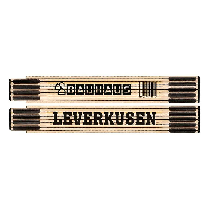 BAUHAUS Zollstock - Leverkusen, 2 m - Faltbares Gliedermaßstab mit Bauhaus- und Leverkusen-Branding für präzise Messungen.