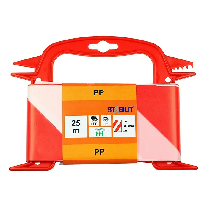 Stabilit Absperrband - 25 m x 80 mm, Rot/Weiß - Ein rotes und weißes STABILIT PP Absperrband mit einer Länge von 25 Metern und einer Breite von 80 mm für Baustellen und andere Gefahrenbereiche.