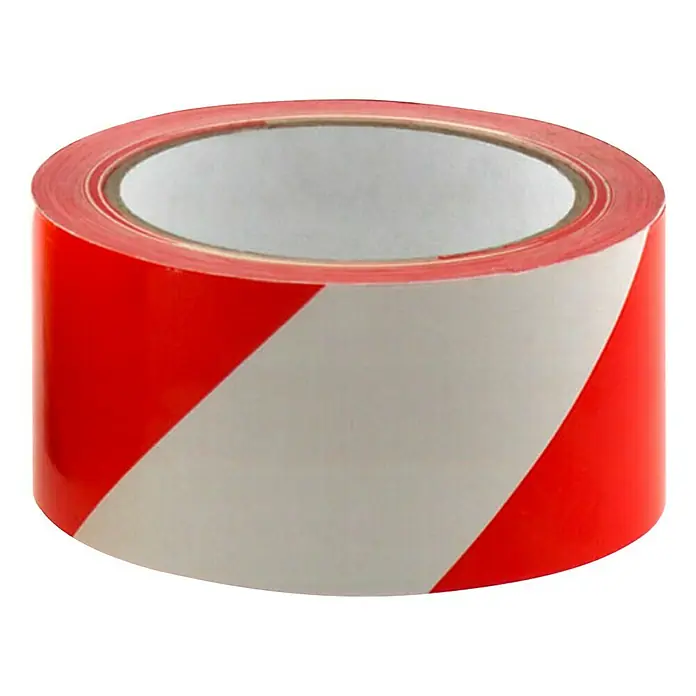Stabilit Cinta de bloqueo - An x L: 50 mm x 66 m, Rojo/Blanco - Un rollo de cinta de barrera con rayas rojas y blancas. La cinta es ideal para delimitar áreas peligrosas y mejorar la seguridad.
