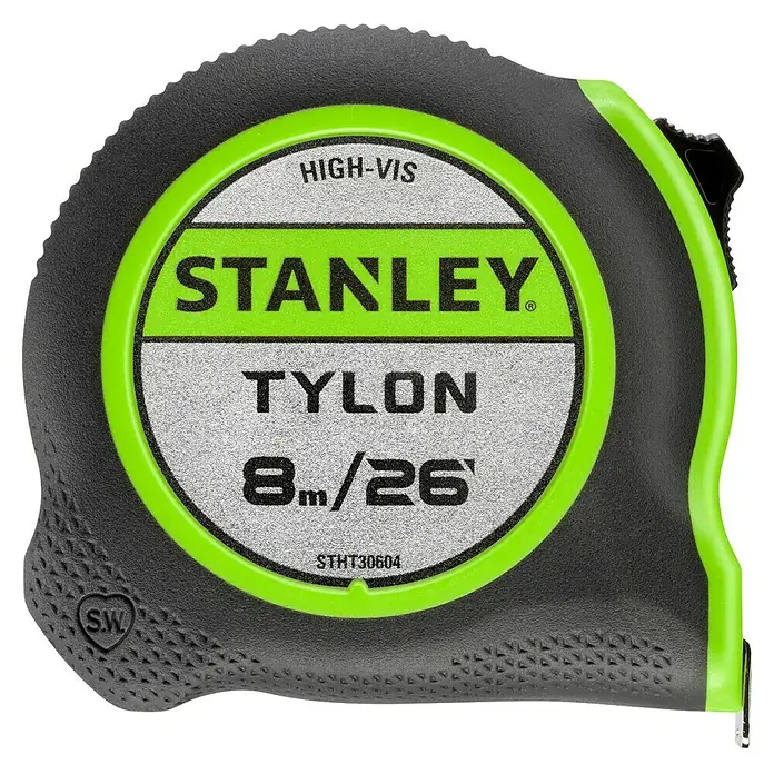 Stanley Cinta métrica extensible Hi-Vis - Largo: 8 m - Primer plano de un flexómetro Stanley Tylon High-Vis con una longitud de 8 metros. Ideal para mediciones precisas.