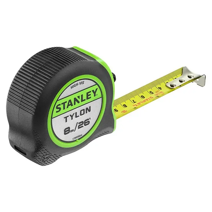 Stanley Cinta métrica extensible Hi-Vis - Largo: 8 m - Primer plano de una cinta métrica Stanley Tylon, con una hoja de alta visibilidad y marcas claras.