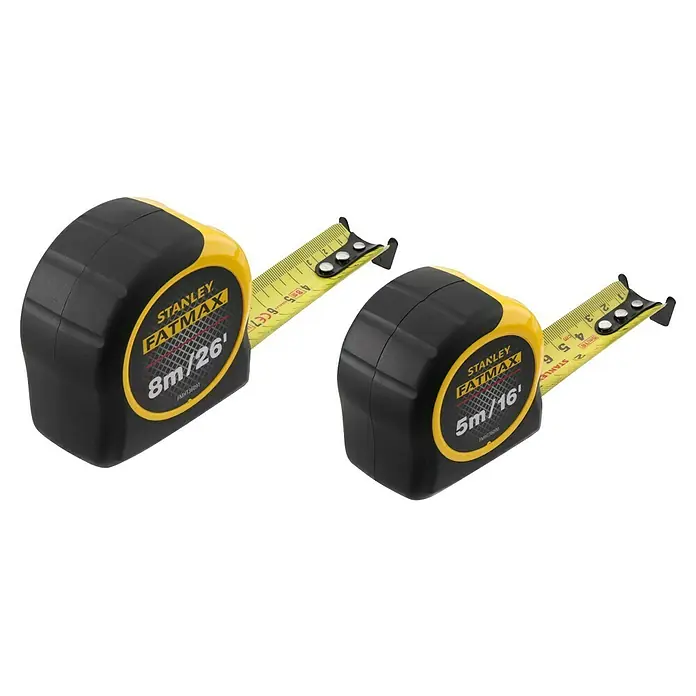 Stanley FatMax Cinta métrica extensible Blade Armor - 2 pzs. - Dos cintas métricas Stanley Fatmax, una de 8m/26ft y la otra de 5m/16ft, ideales para mediciones precisas.