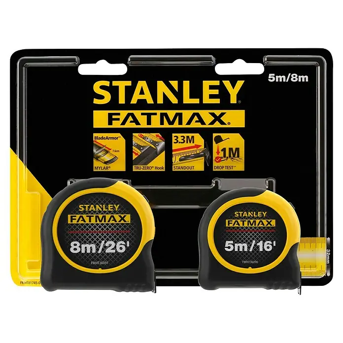 Stanley FatMax Cinta métrica extensible Blade Armor - 2 pzs. - Paquete doble de cintas métricas Stanley Fatmax: 5 m/16' y 8 m/26'. Ideal para todo tipo de mediciones. Alta calidad para resultados precisos.